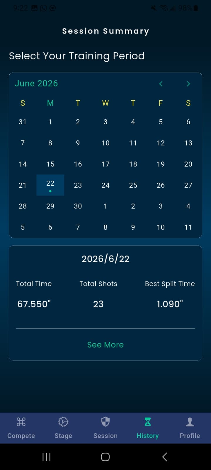 ShotPulse session summary calendar screen
