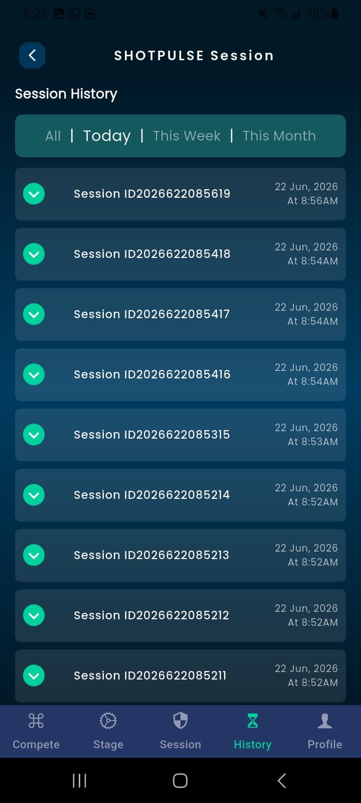 ShotPulse session history list screen