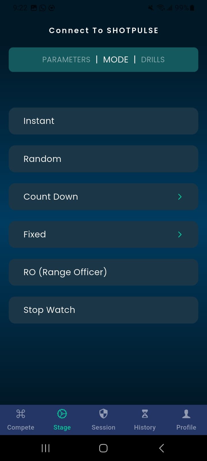 ShotPulse timing mode selection screen